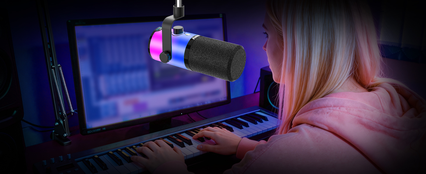 Мікрофон Aveek USB/XLR динамічний з тримачем, з функцією Mute, шумозаглушенням та RGB підсвіткою для ПК, стрімінгу, подкастів та запису