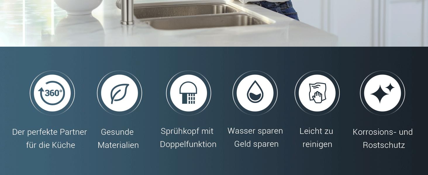 Змішувач для кухні APPASO 3-Wege, чорний, з нержавіючої сталі, 360° обертання, для фільтрації води