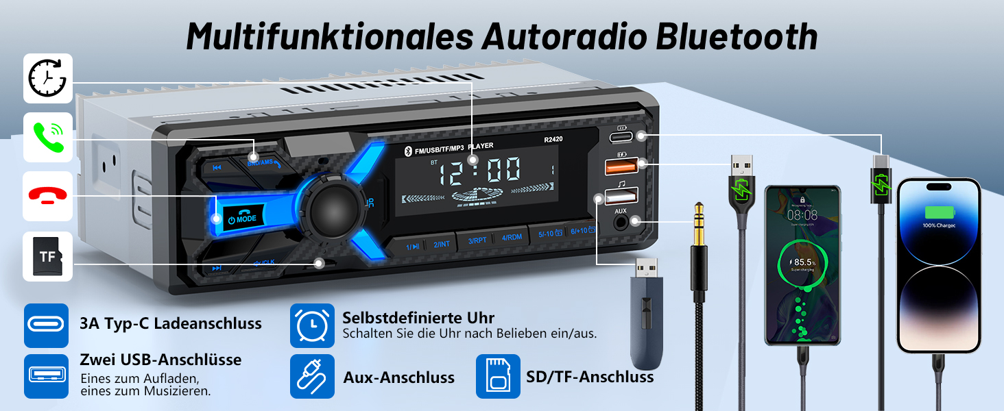 Автомагнітола Wistrue 1DIN з Bluetooth, FM/AM, USB/SD, AUX, MP3, Type-C, чорна