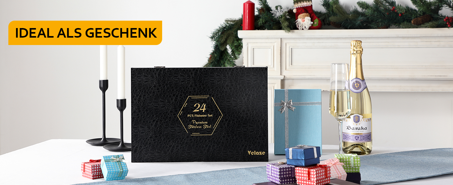 Набір столових приборів Velaze, 24 штуки, нержавіюча сталь 18/10, набір столових приборів на 6 осіб (ложки, виделки, ножі, чайні ложки), полірований, з подарунковою коробкою, придатний для миття в посудомийній машині