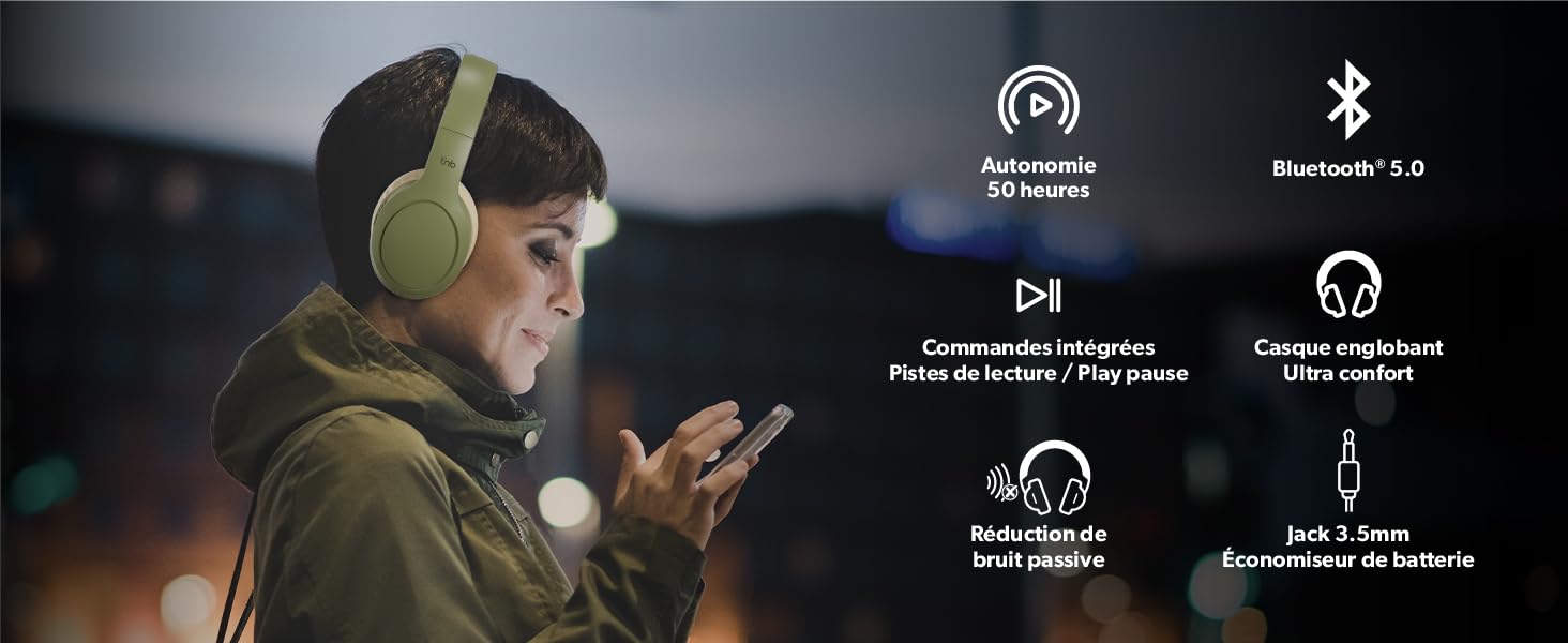 Бездротові навушники T'nB, складні, з пасивною шумоізоляцією, Bluetooth, стерео, мікрофон, до 30 годин роботи, зелені