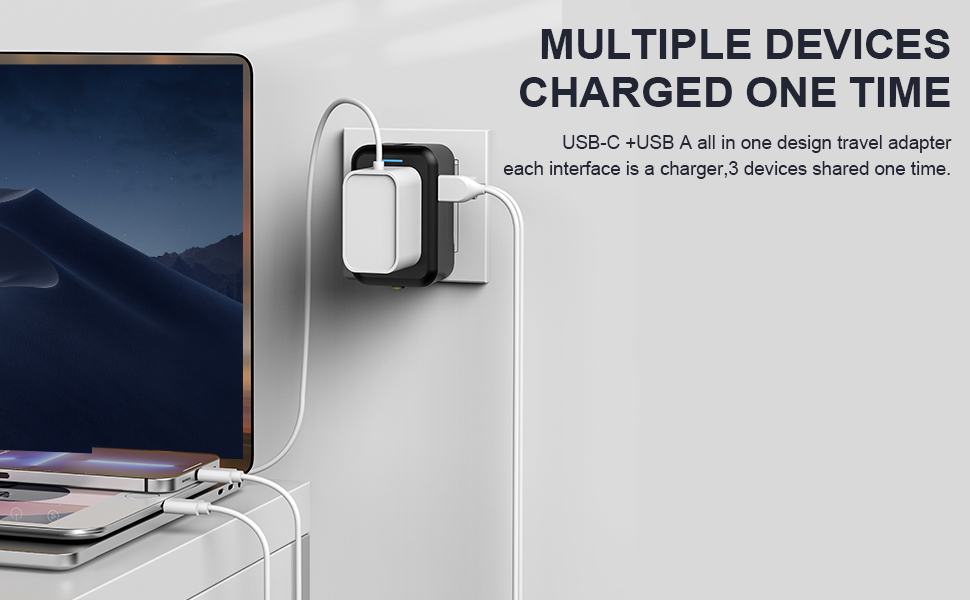 Блок зарядки USB C 40W з 4 портами, швидка зарядка PD+QC, універсальний для iPhone, Samsung, Tablet, білий/чорний (для подорожей)