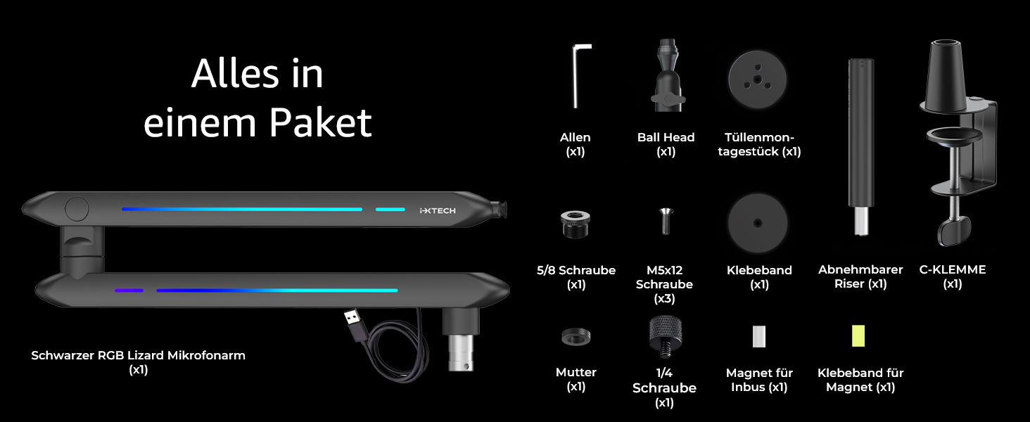 Кріплення для мікрофона IXTECH RGB Low Profile з регулюванням, настільний стійка з кріпленням, поворотний мікрофонний тримач з кабельною організацією для стрімінгу та подкастів, 4 ящірки RGB