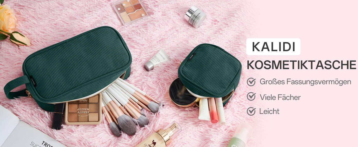 Косметичка жіноча KALIDI з корду, з відділеннями, металева блискавка, для подорожей, зелена