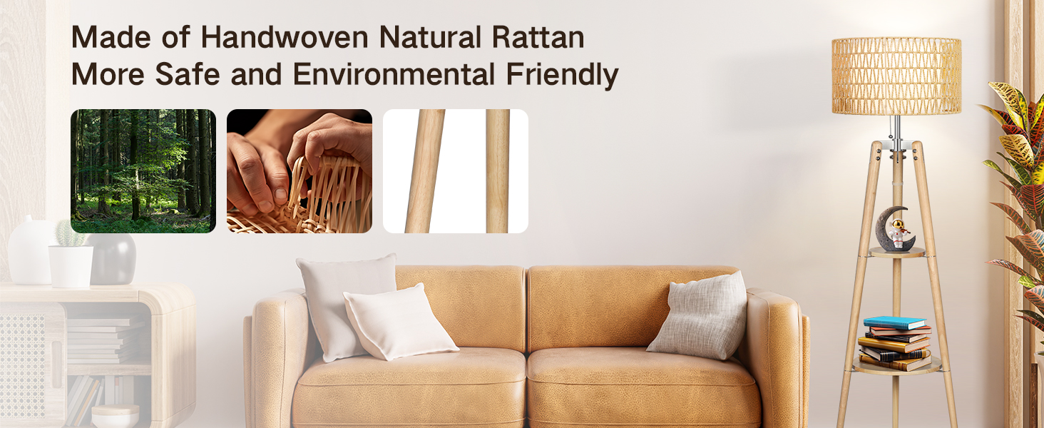 LED торшер Outon з трьома ніжками, регульоване освітлення, полиця, пульт, 4 режими кольору, таймер, 2 плафона, для вітальні/спальні (дерев'яний)