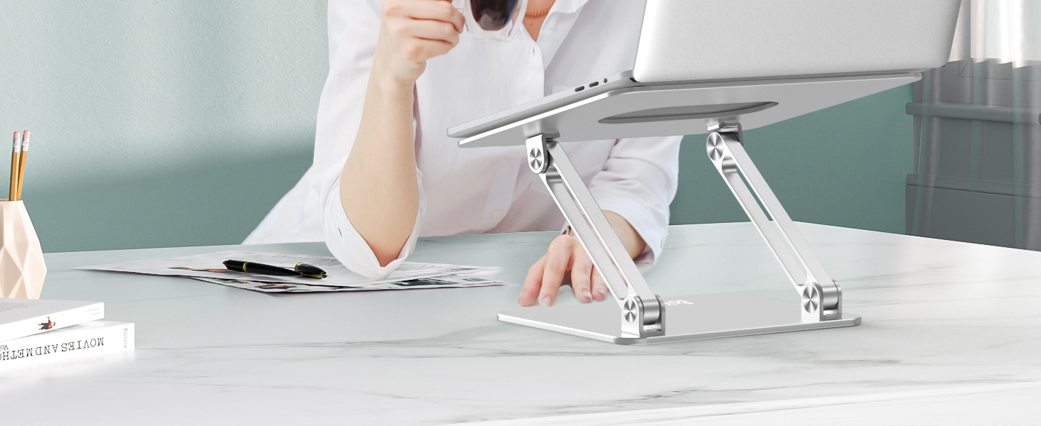 Adjustable Aluminum Laptop Stand - Ventilated Laptop Holder for 10-17 Inch Laptops, MacBooks, Dell, HP, Samsung, Acer - Silver