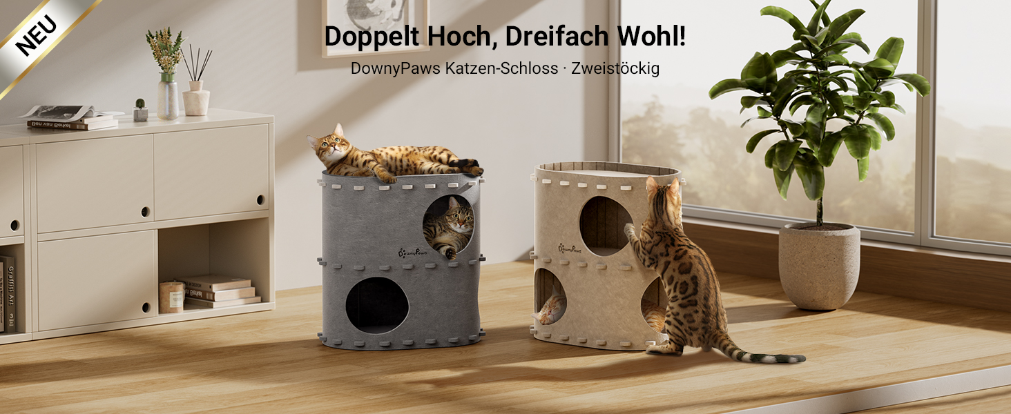 Кігтечка-будиночок для котів DownyPaws з фетру, 2-ярусна, 50 x 33 x 50 см, бежева