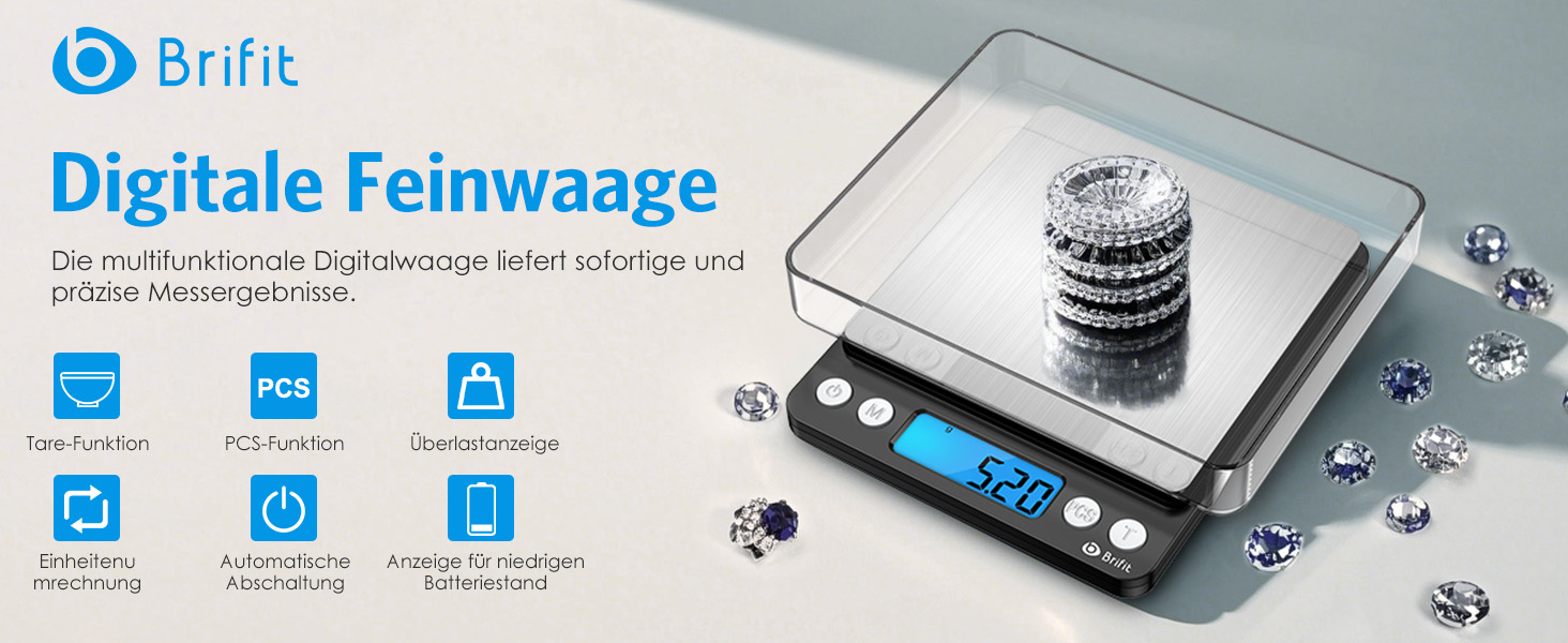 Електронні ваги Brifit 0.01g, 500g з калібрувальним набором 100g, функцією Tara та PCS, 6 одиниць вимірювання (Чорний)