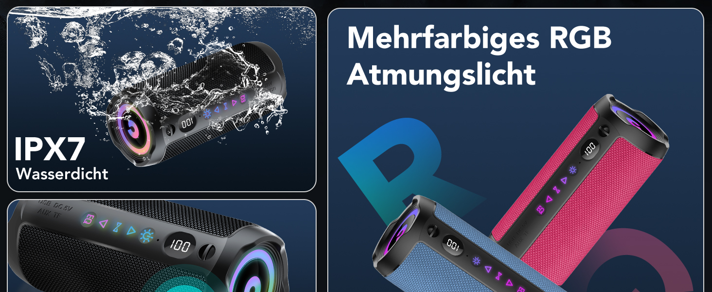 Портативна Bluetooth колонка COIOC з підсвіткою, 30W, IPX7, 30 годин, AUX, TF карта - Чорна