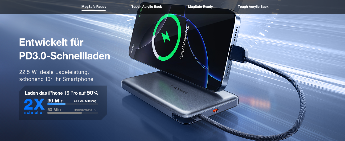 Портативний зарядний пристрій TORRAS 10000mAh з кабелем USB-C, 22.5W PD3.0, білий. Сумісний з iPhone, Samsung, AirPods.