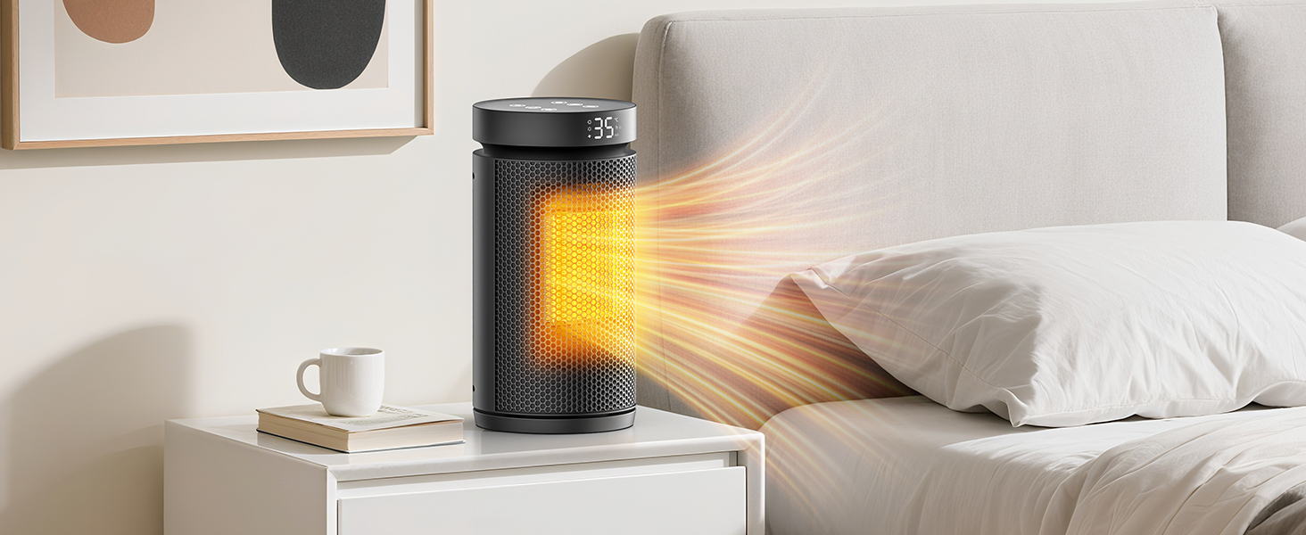 Керамічний обігрівач 1500W з термостатом, захистом від перегріву та нахилу, 75° осциляція, ECO-режим, 2-в-1 для дому (чорний, круглий)