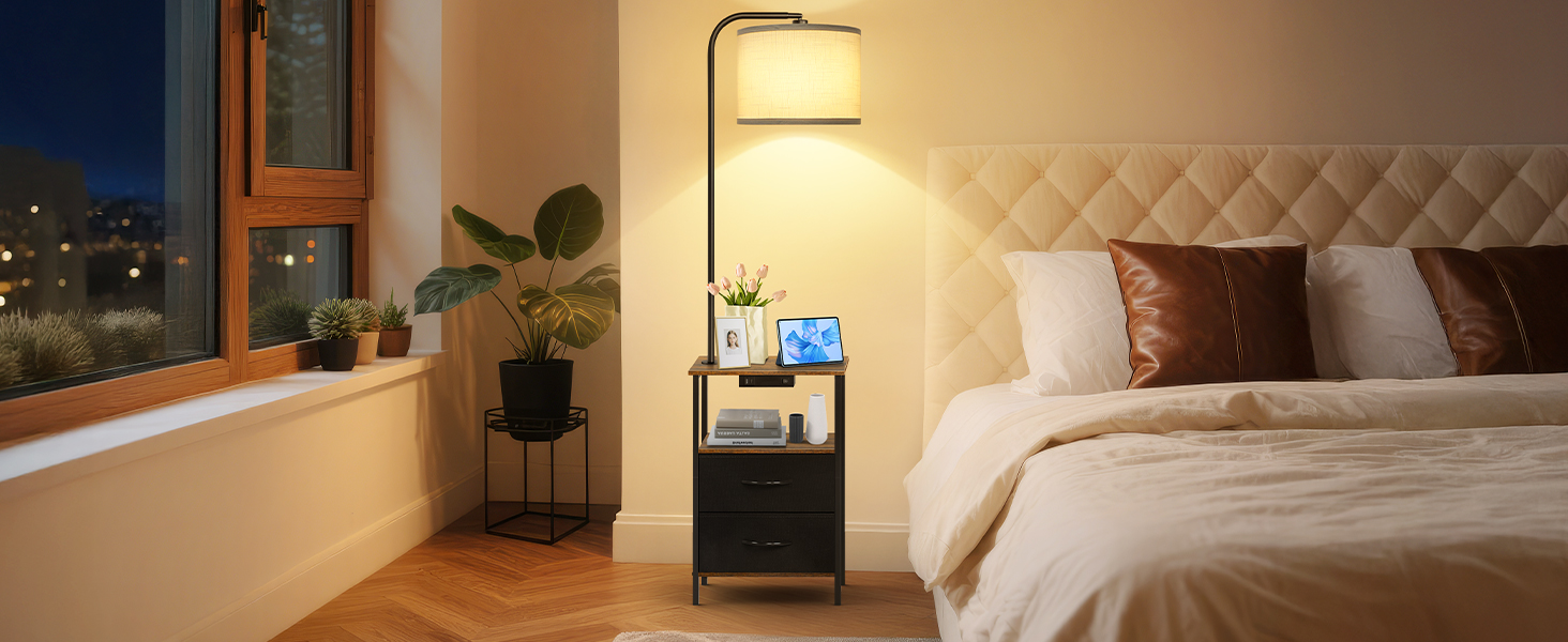 Стельова лампа для вітальні з тумбою та полицею, регульована LED, з пультом, 3 колірні температури, приліжкова тумба з зарядкою та полицею, дерев'яний столик для спальні/офісу (чорний з шухлядами)