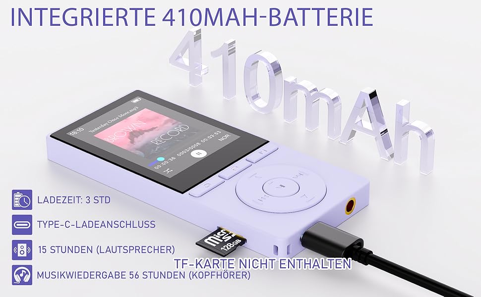 MP3 плеєр 64GB Bluetooth 5.3 з динаміком, записом голосу, E-book, HiFi звук, фіолетовий. Підтримка TF карти 128GB для спорту