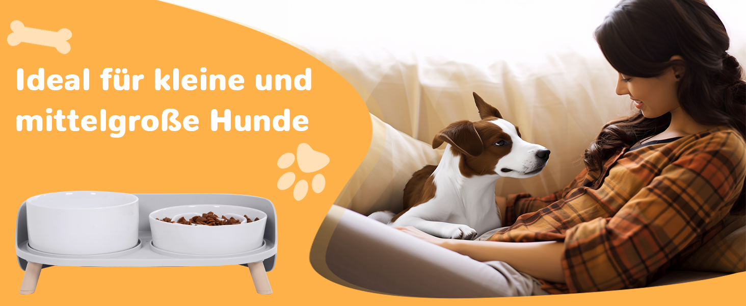 Набір мисок для собак з кераміки, піднятий на платформі: миска для повільного годування, набір з двох мисок для маленьких та середніх собак, годівниця та поїлка з антиковзним підставкою, колір - білий