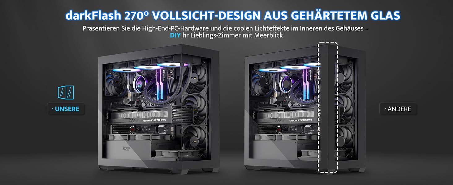 darkFlash DS900: Корпус для ПК ATX Mid-Tower з 4 PWM ARGB вентиляторами, подвійна скляна панель, підтримка радіаторів водяного охолодження 360mm, USB Type-C, чорний