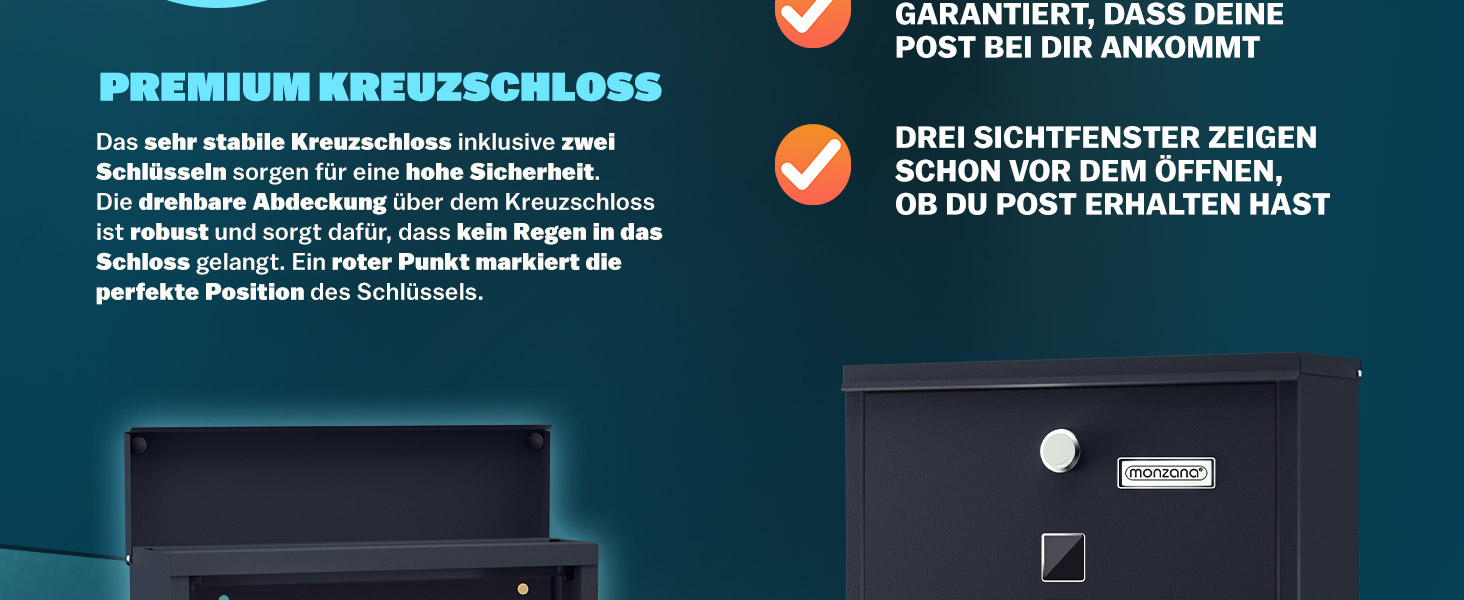 Поштовий ящик Monzana Kreuzschloss з мідним циліндром, сталевий, чорно-срібний (антрацит) 31x10x34 см, з вікном для газет та іменним шильдиком, 2 ключі
