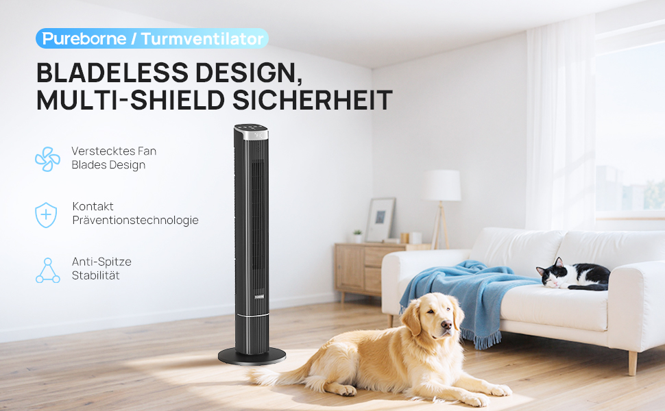 Вентилятор Pureborne Leiser: Турбо-вентилятор з осциляцією 90°, Wi-Fi, пульт, 4 режими, таймер 12 год, чорний, 102 см
