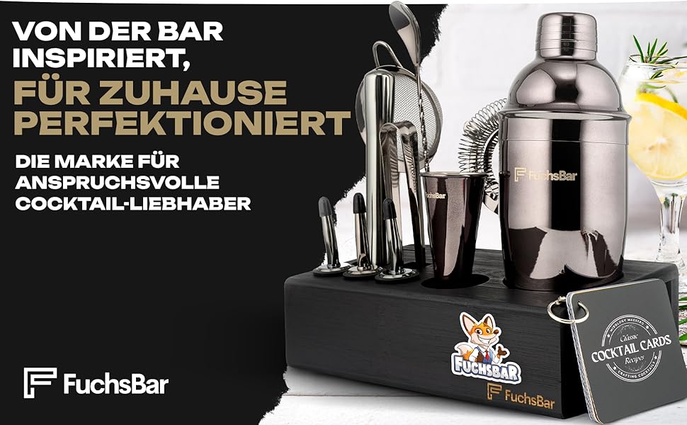 Набір для коктейлів FuchsBar, 8 предметів, нержавіюча сталь, шейкер, барне сито, ложка, рецепт-картки та аксесуари — ідеальний барний комплект для дому, вечірок та подарунка