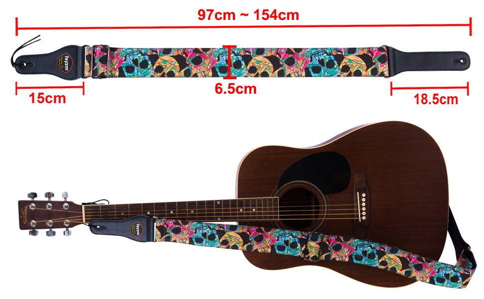 Гітарний ремінь Rayzm для акустичної, електрогітари та бас-гітари з баскліком та дизайном черепа, 6.5 см, для дорослих
