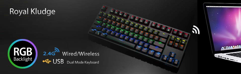 Механічна ігрова клавіатура Royal Kludge RK87G RGB TKL з 87 клавішами, без NumPad, тактильні коричневі перемикачі, підключення 2.4G, макроналаштування, чорний колір