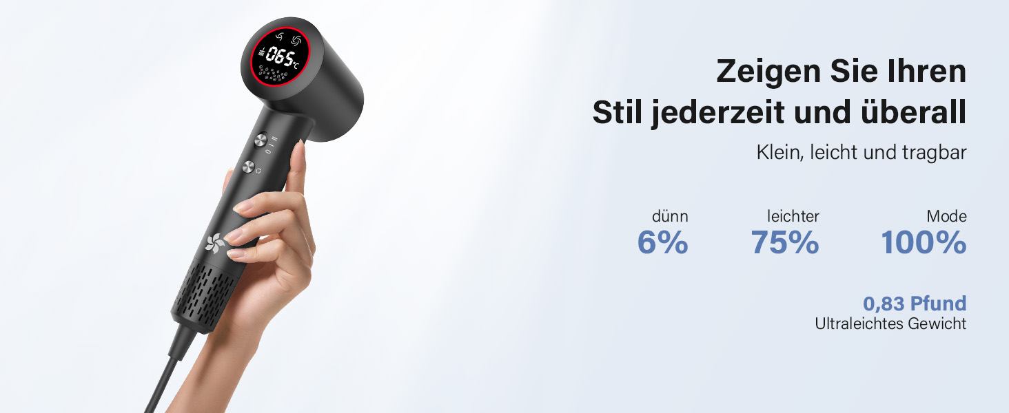 Фен з дифузором, 110000 об/хв безщітковий двигун, низький шум 57dB, для подорожей та дому, Dark Grey