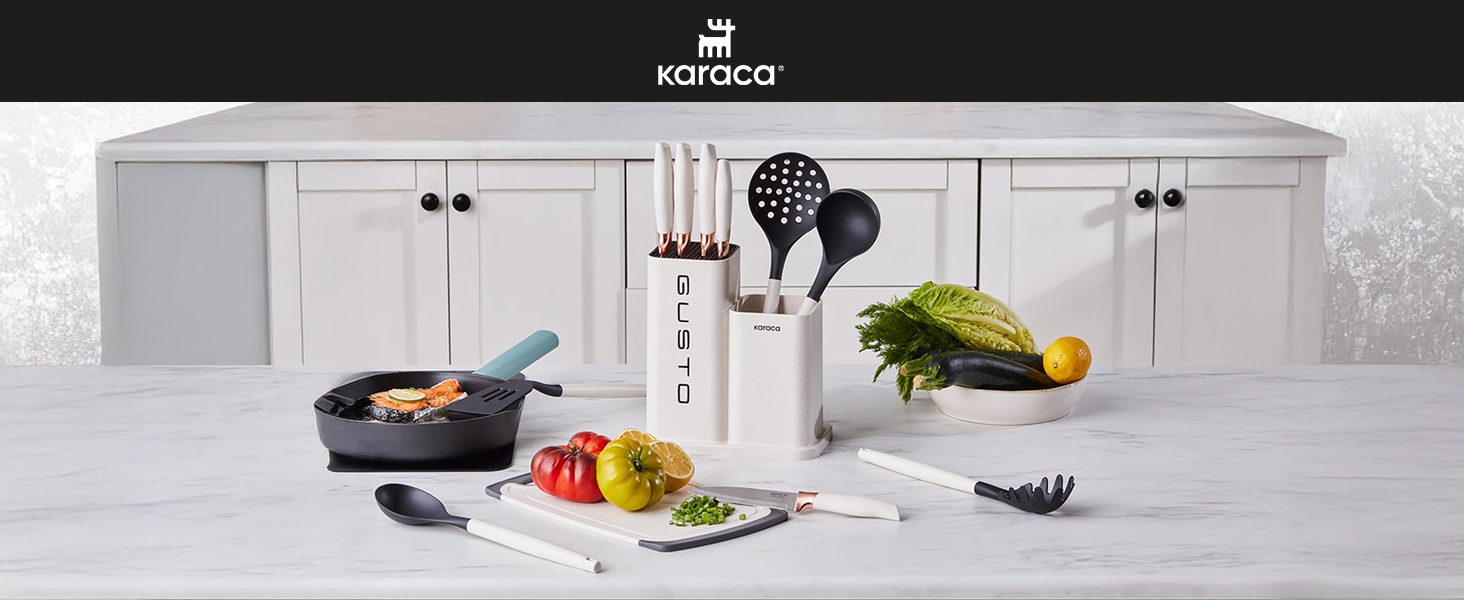 Набір ножів Karaca Gusto 12 предметів з дощечкою та кухонними аксесуарами. Ножі з нержавіючої сталі, ергономічні ручки. Чорний колір.