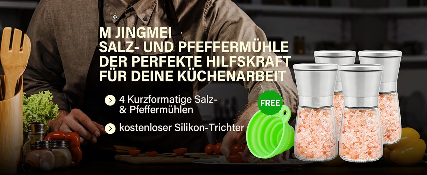 Набір з 4 мельниць для солі та перцю Gucass з регульованим керамічним жорном, ручні, сріблясті