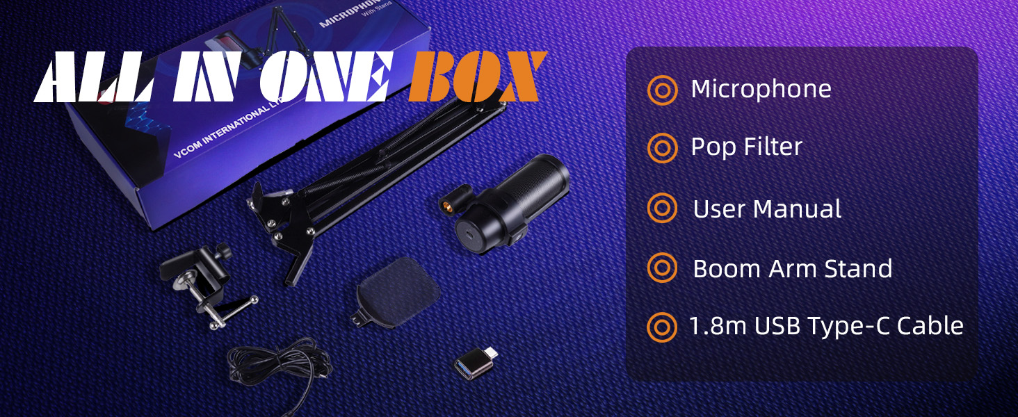 VCOM Gaming Мікрофон з тримачем, USB мікрофон з RGB підсвіткою, поп-фільтром, кнопкою Mute для ПК, подкастів, стрімінгу, YouTube, Mac, PS4, PS5