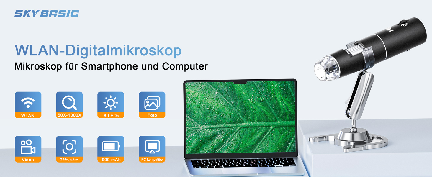 Цифровий мікроскоп Skybasic з Wi-Fi, 50x-1000x, 2.0 MP, 8 LED, сумісний з Android/iOS/Windows/MAC