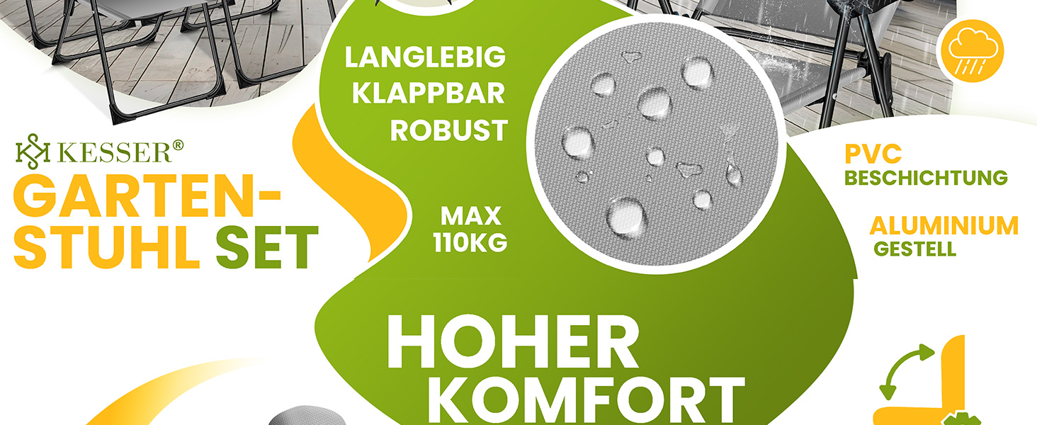 Крісла садові KESSER® 2 шт. з високою спинкою, розкладні, алюмінієві, 7 положень, з підлокітниками, дихаючі, для балкону, тераси, кемпінгу