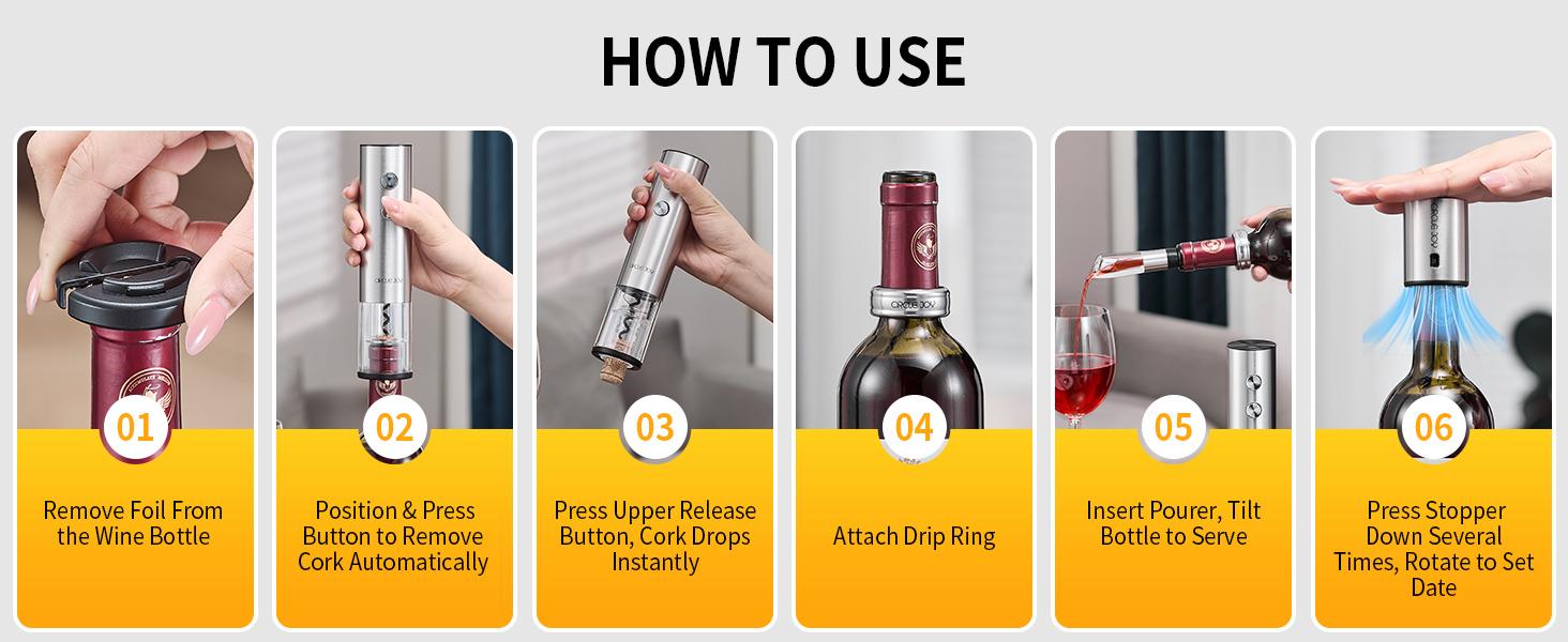 Електричний відкривачка вин CIRCLE JOY 6-в-1 з зарядною станцією, комплект з нержавіючої сталі, з обрізачем фольги, аератором та 2 вакуумними закривачами