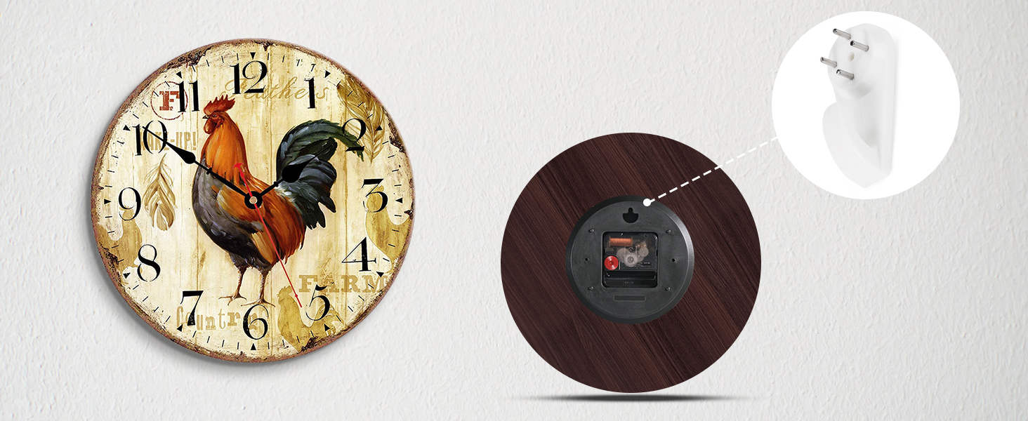 Стіна годинник VIKMARI Rustic Rooster 14 дюймів — безшумний кварцовий, на батарейці, для кухні, круглий, преміум-якість