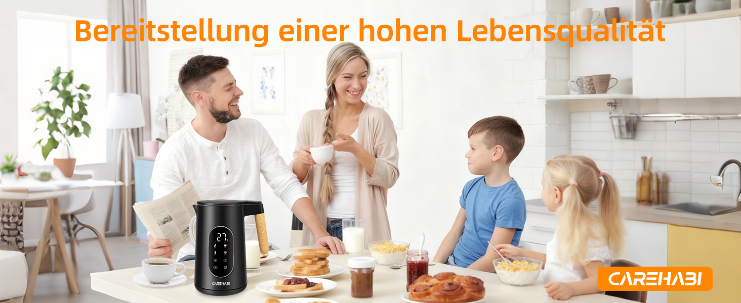 Електричний чайник Carehabi з регулюванням температури, 1.7 л, нержавіюча сталь, чорний, 40°C-100°C, 2200W, LED дисплей, подвійні стінки, функція підтримки тепла