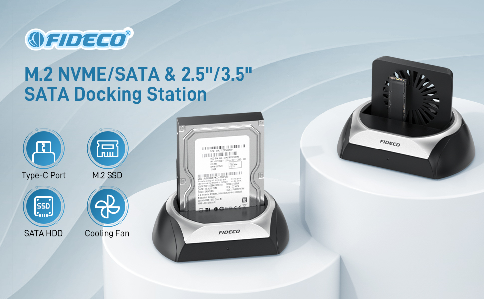 Док-станція для жорстких дисків FIDECO: M.2 SSD, SATA HDD/SSD (2.5/3.5
