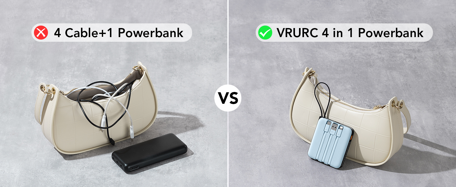 Power Bank VRURC 10000mAh з кабелем: компактний акумулятор USB-C, швидка зарядка 22.5W, LED-дисплей, сумісний з iPhone, Huawei