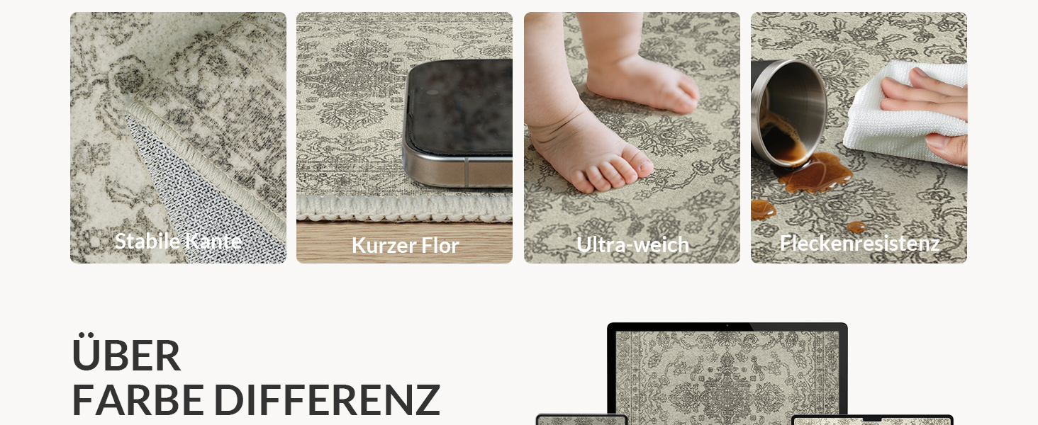 Килим GENIMO Boho Vintage, 160x230 см, короткий ворс, антиковзаюча поверхня, для вітальні, спальні, їдальні, офісу, колір: ніжно-сірий