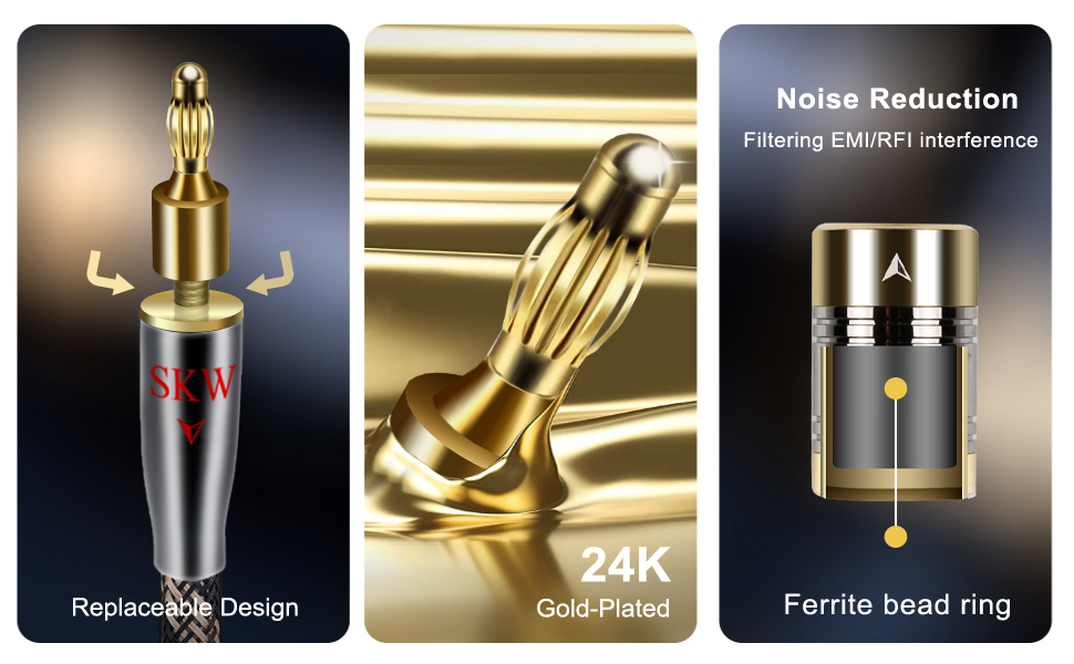 Акустичні кабелі SKW для колонок Hi-Fi, пара (2 шт.), 1.5м, з позолоченими роз'ємами-бананами та нейлоновим обплетенням, аудіофільна якість