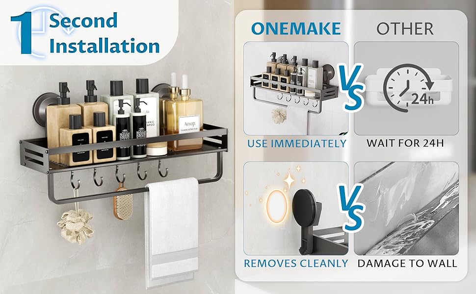 Поличка для душу Onemake з присосками, регульована, з гачками, органайзер для ванної кімнати з тримачем для рушників, матовий чорний (40 см, 1 шт.)