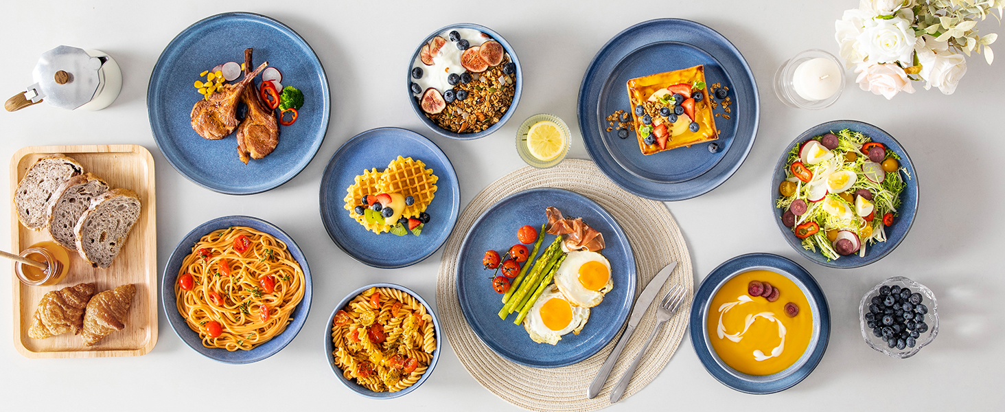 Набір посуду Steingut vancasso ANYA (24 шт.) - синій, сучасний, для 6 осіб, з тарілками, суповими тарілками, десертними тарілками та мисками. Можна мити в посудомийній машині та використовувати в мікрохвильовій печі.