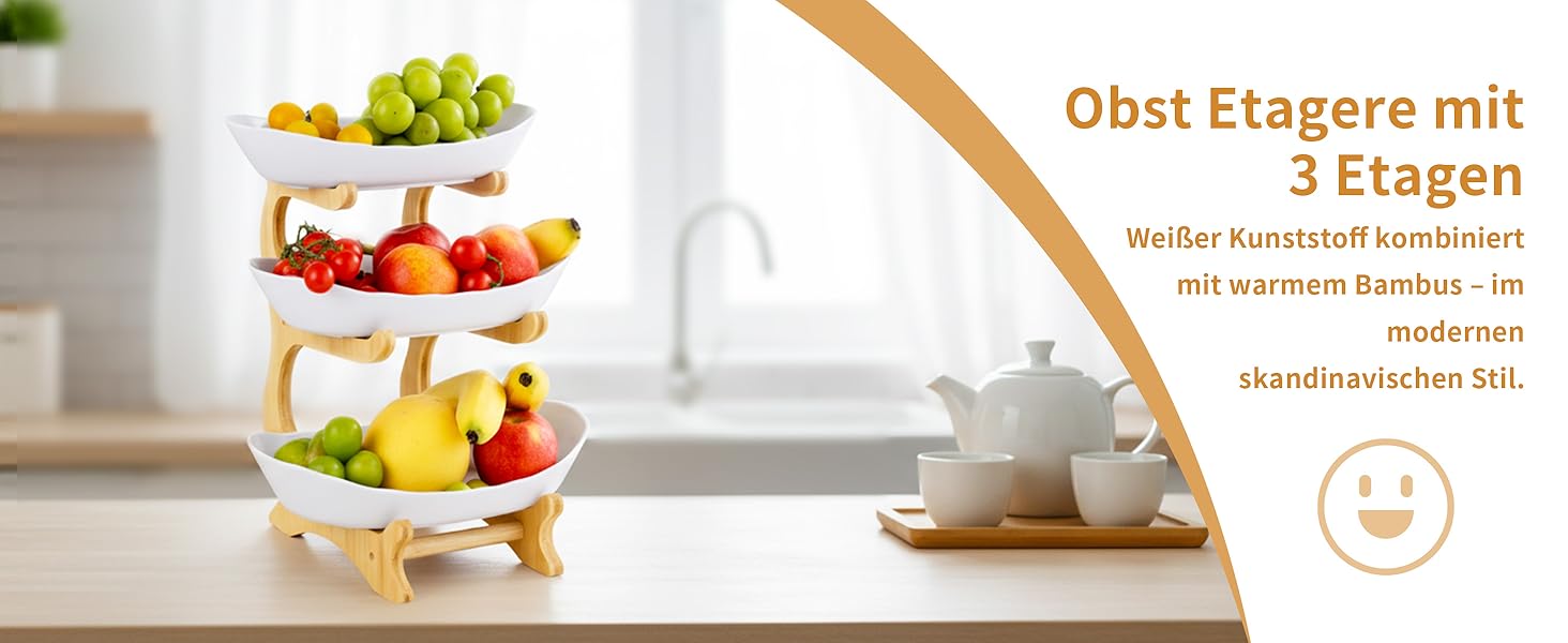 Трирівнева етажерка для фруктів та закусок з бамбуковим підставкою, преміум-пластик