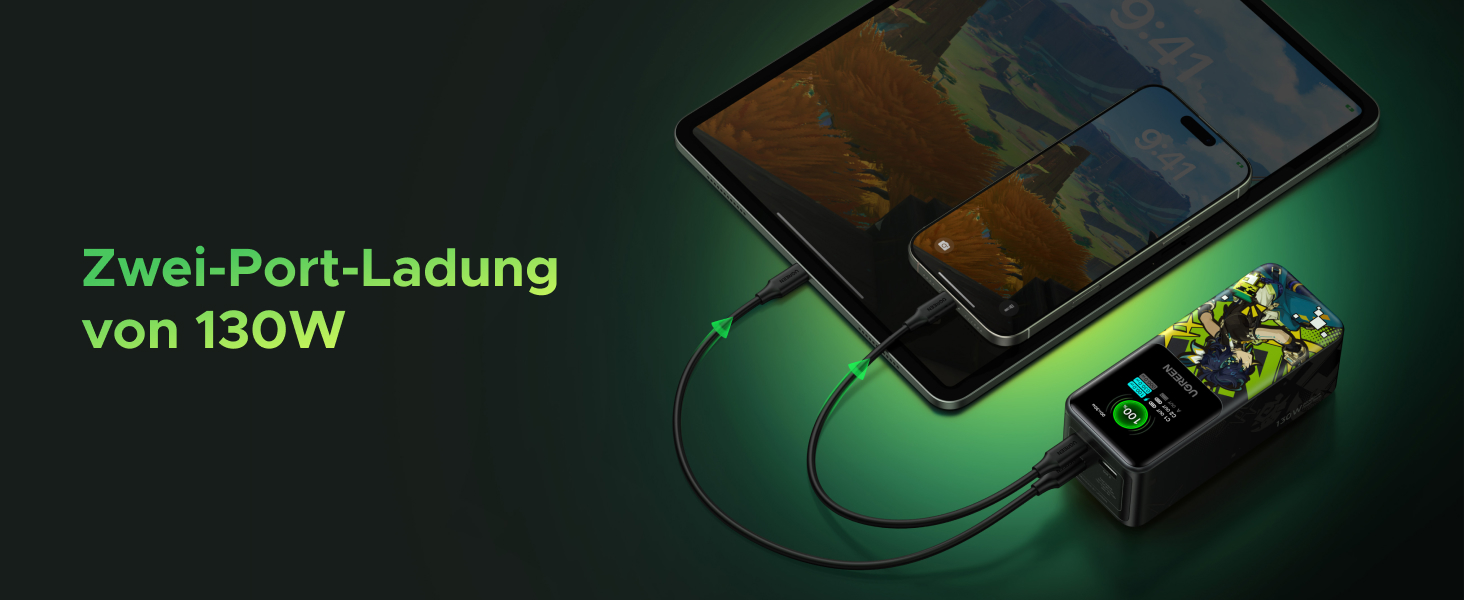 Powerbank UGREEN Nexode 20000mAh 130W з USB-C PD 3.0, цифровим дисплеєм, сумісний з iPhone, Galaxy, MacBook, Dell