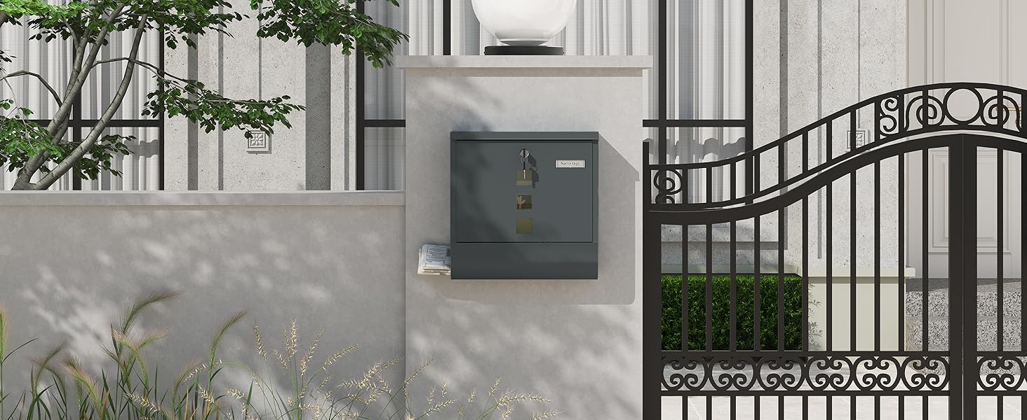 Поштовий ящик WOLTU з газетницею та оглядовим вікном, антрацит, 37x37x10.5 см. Закривається на ключ, з табличкою для імені.