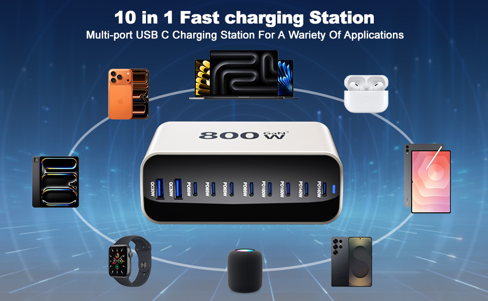 Зарядний пристрій GaN 800W USB-C, 10 портів, для MacBook, Dell, iPhone, Galaxy, ноутбуків, планшетів - Швидка зарядка