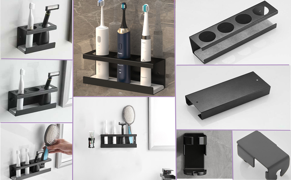 Настінний тримач для електричної зубної щітки з органайзером для пасти, 4 відділення, чорний
