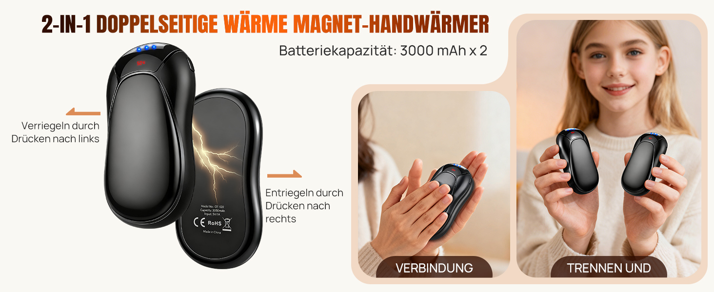 Електричний грієчка для рук, багаторазовий, 6000mAh, 2 шт., 3 режими, швидкий нагрів, до 55°C, портативний, з магнітною зарядкою, подарунок для кемпінгу та активного відпочинку