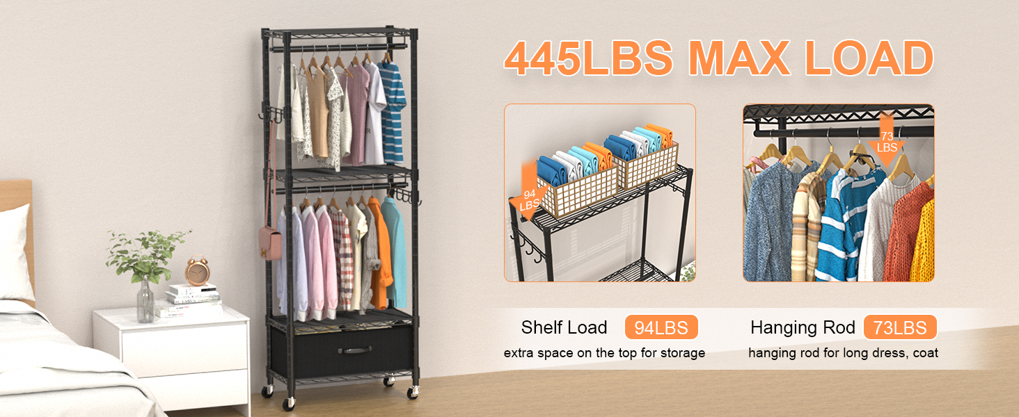 Clothes Rack, Clothes Rack, 4 Tier, Adjustable Closet Organizer System with Drawer | Double Rods | Side Hooks | Holds 445 lbs