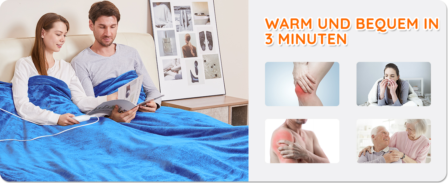 Електрична ковдра Mia&Coco з автовимкненням, 10 режимів нагріву, таймер до 9 годин, захист від перегріву, фланель, 200x180 см, блакитна