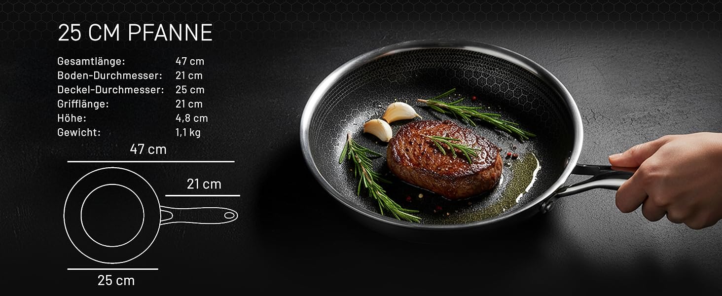 Пан з нержавіючої сталі HexClad Hybrid з діаметром 25 см – антипригарна сковорода з сотовою структурою для всіх типів плит, включаючи індукційну, з ручкою Stay-Cool, придатна для духовки та мийки