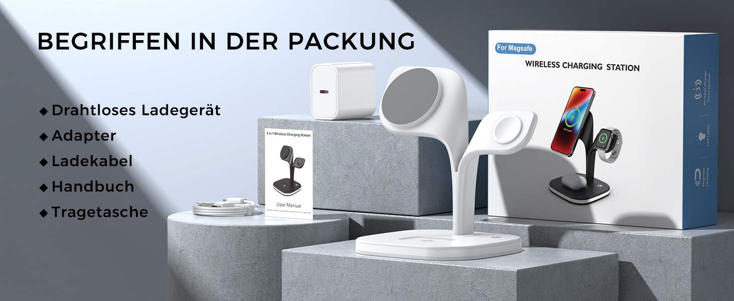 Зарядна станція 3-в-1 для Apple Watch та iPhone з MagSafe, білий колір. Підходить для iPhone 17, 16, 15, 14, 13, 12 Series, Apple Watch 11, 10, 9, 8, 7, 6, 5, 4, 3, 2, SE, Ultra, AirPods Pro/4/3/2. Потужність: 20W.