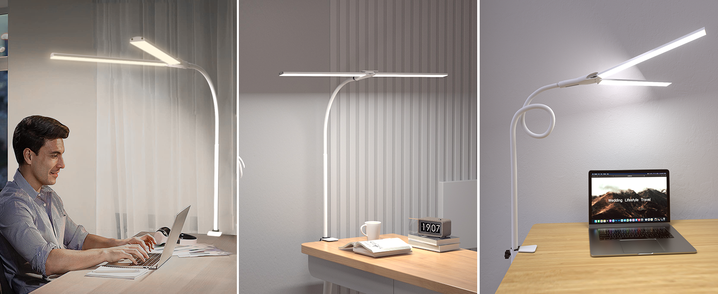 LED лампа настільна для офісу та дому, світло для монітора, 1400 люмен, регульована яскравість, кріплення-прищіпка, світло для робочого місця, гнусий шийка, подвійний насадка, 5 режимів кольору та рівнів яскравості, білий колір, 64 см